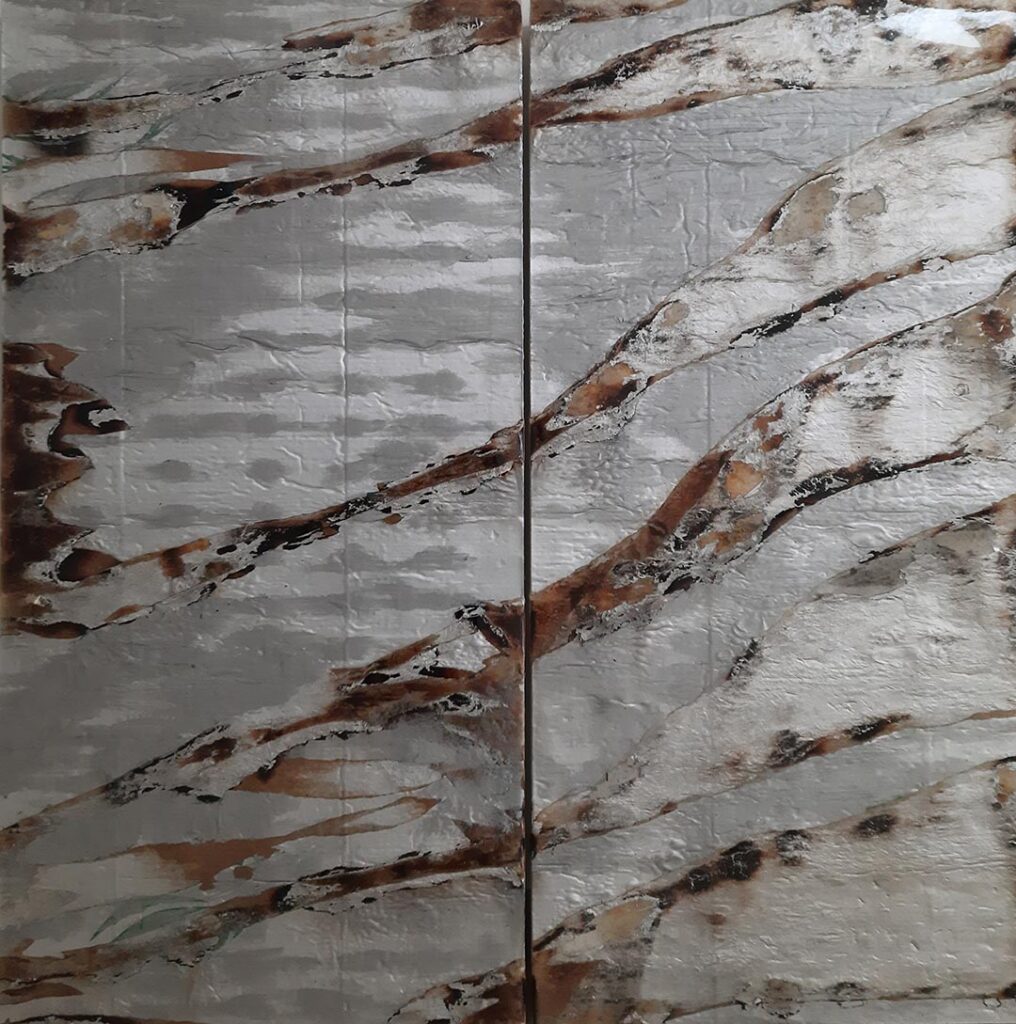 Resources I , 2023 125 x 120 x 10 cm, polyurethaan, acryl, zilver, epoxy